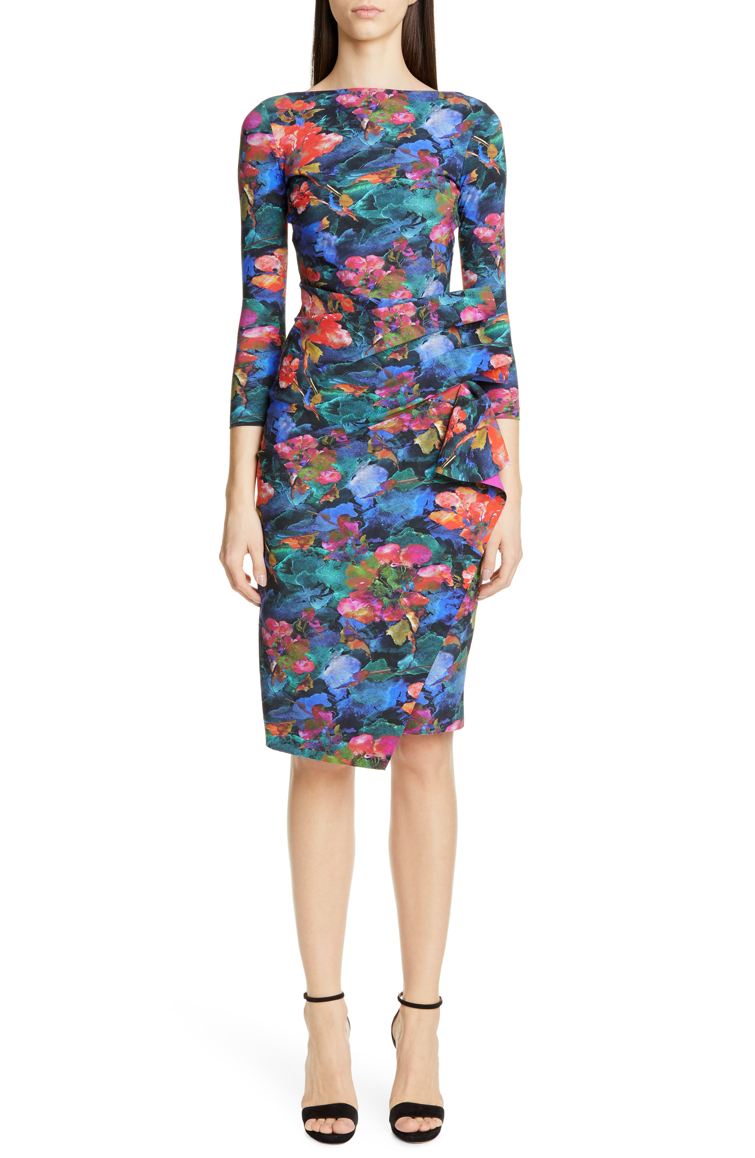 Chiara Boni La Petite Robe Zelma Side Ruffle Floral Print Cocktail Dress, 8 IT - Black