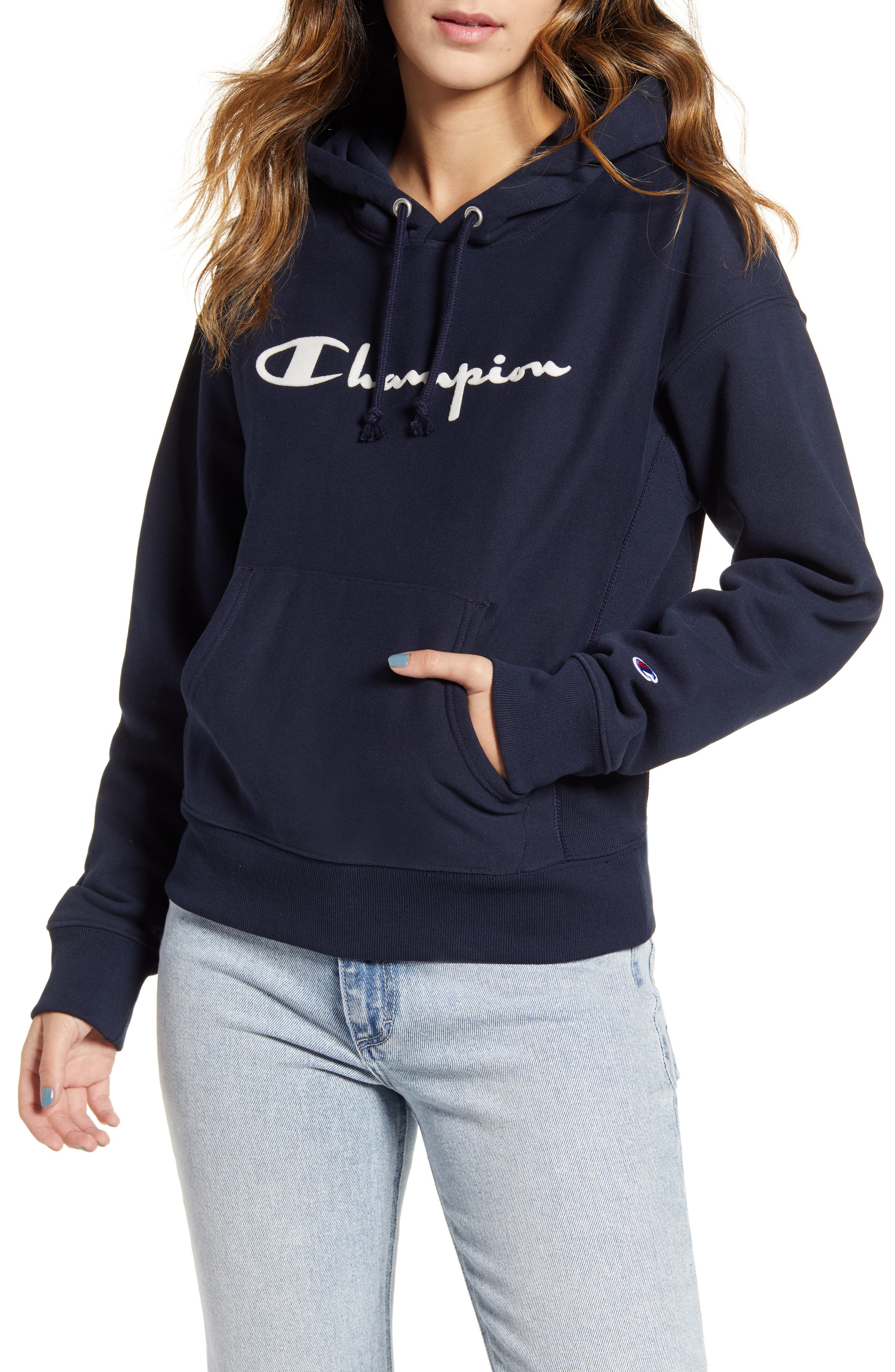CHAMPION Logo Hoodie, Main, color, NAVY