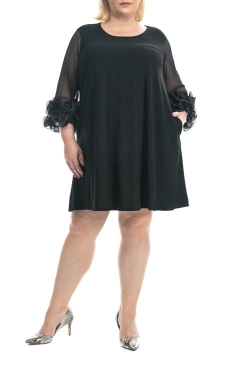 Nina Leonard Stripe Mesh Dress In Black