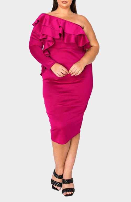 Shop L I V D Val Ruffle One-shoulder Midi Dress In Magenta