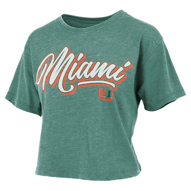 Shop Pressbox Green Miami Hurricanes Team Script Harlow Vintage Waist Length T-shirt In Heather Green