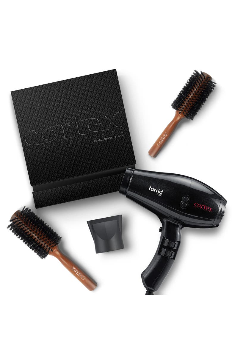 CORTEX BEAUTY Torrid Hair Dryer & 2 Wood Boar Bristle Brush Bundle, Main, color, BLACK