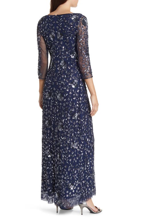 Shop Pisarro Nights Beaded V-neck Sheer Sleeve Cocktail Dress In Navy/gunmetal 421