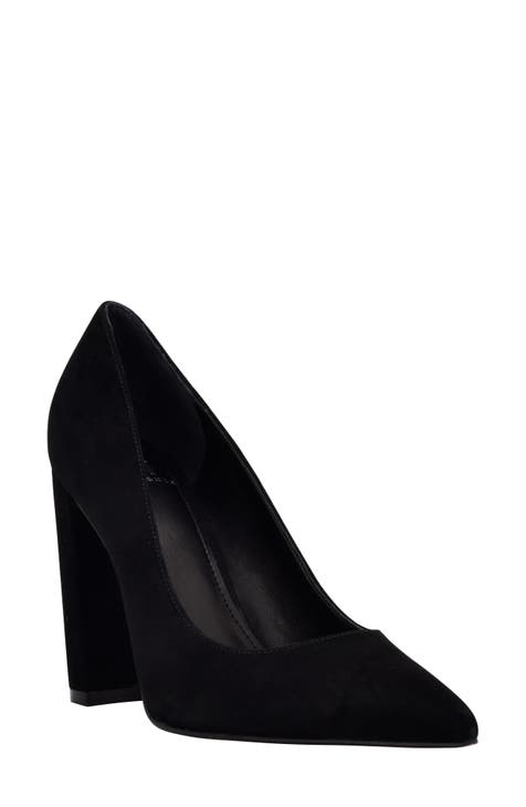 Womens Pointed Toe Ankle Strap Block Heel Pumps, Black Suede, Size 10 | Rainbow Shops