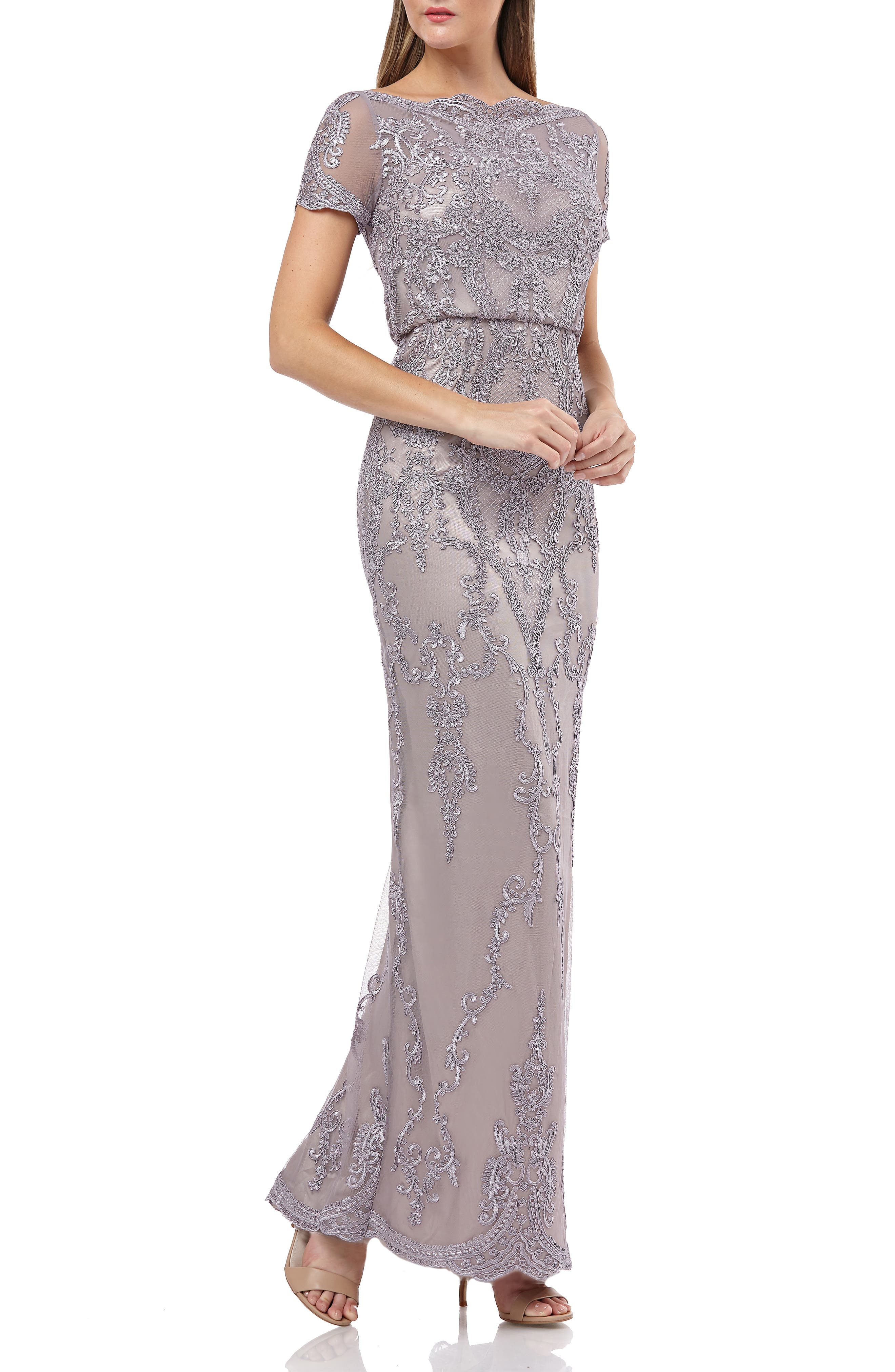Js Collections Scallop Embroidered Blouson Evening Dress, Purple