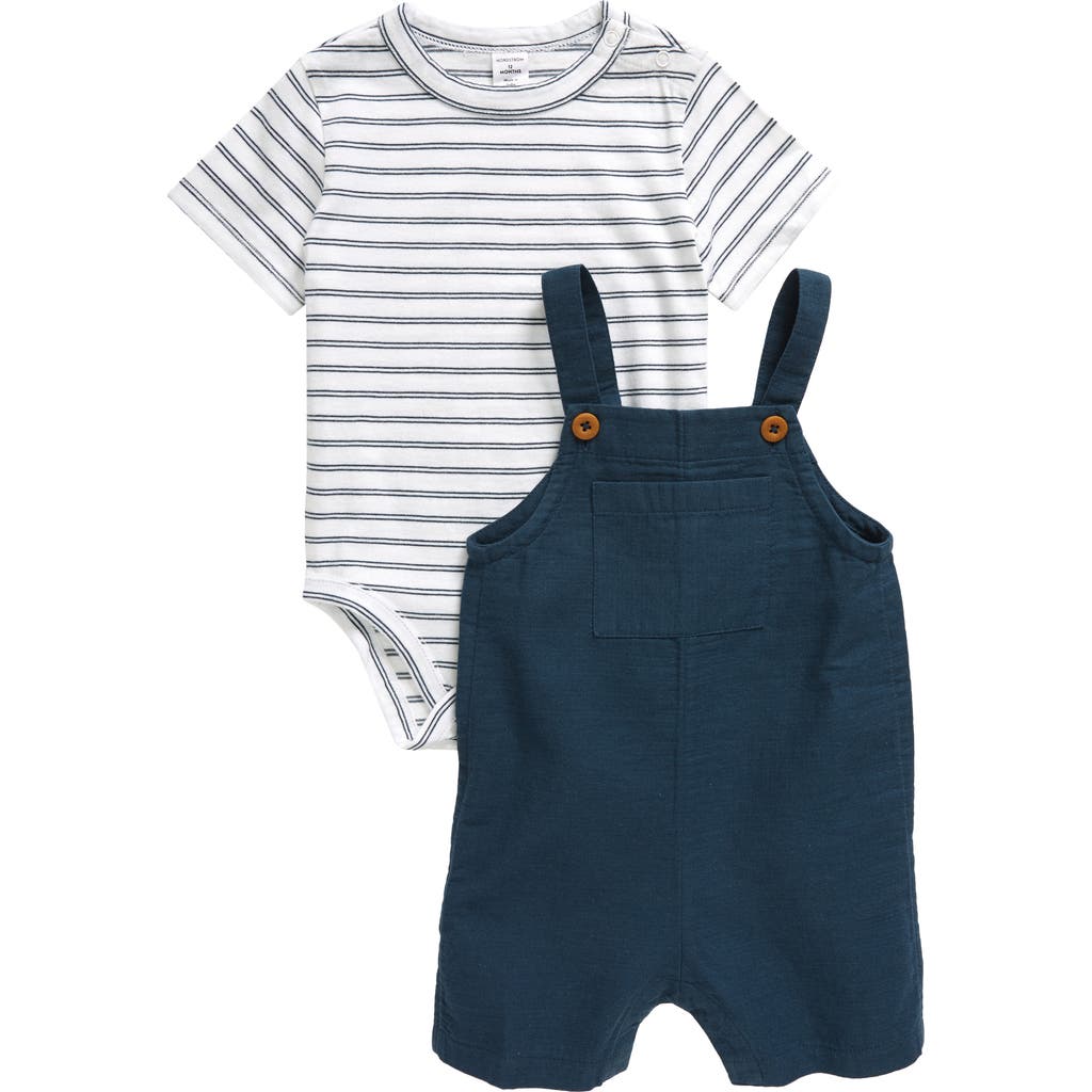 Nordstrom Cotton Bodysuit & Shortalls Set In Navy Midnight- White Stripe