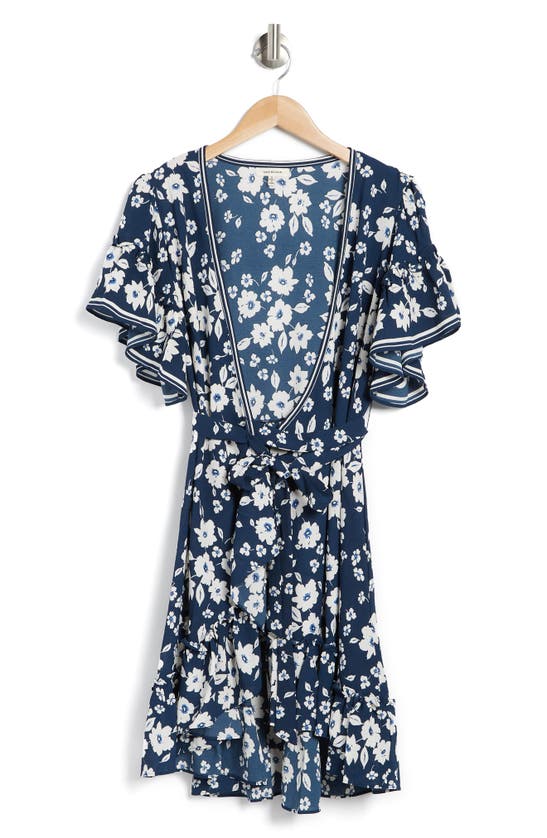 Max Studio Floral Print Wrap Ruffle Dress In Navy/ Blue Peony Chain