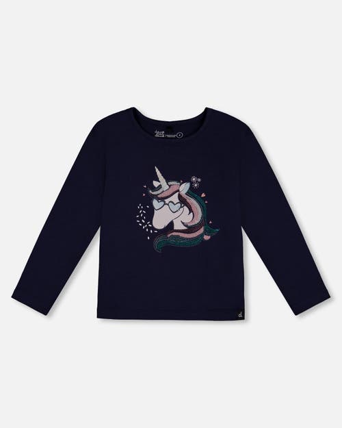 Shop Deux Par Deux Little Girl's Organic Cotton T-shirt With Print Navy In Peacoat