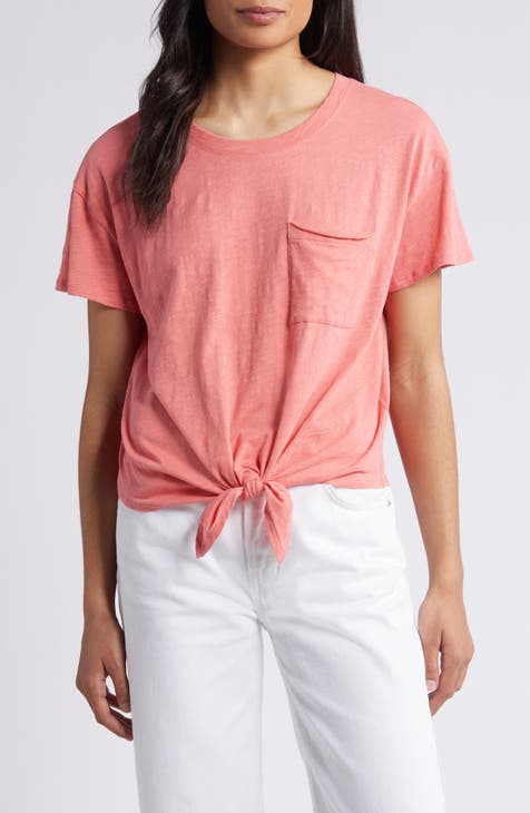 RIBBED NECK 3/4 SLEEVE T-SHIRT Coral Trim