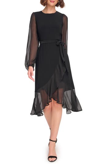 Tommy Hilfiger Womens Chiffon Sleeve Midi Cocktail And Party Dress In Black