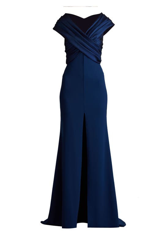 Shop Tadashi Shoji Portrait Neck Taffeta Gown In Navy