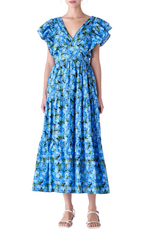 English Factory Floral Flutter Sleeve Open Back Dress Blue at Nordstrom,