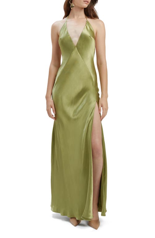 Bardot Yve Halter Open-back Front-slit Silky Maxi Dress In Khaki