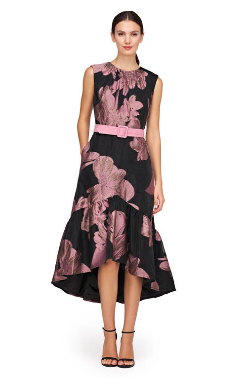 Shop Kay Unger Beatrix Belted Floral High-low Cocktail Dress In Black/primrose