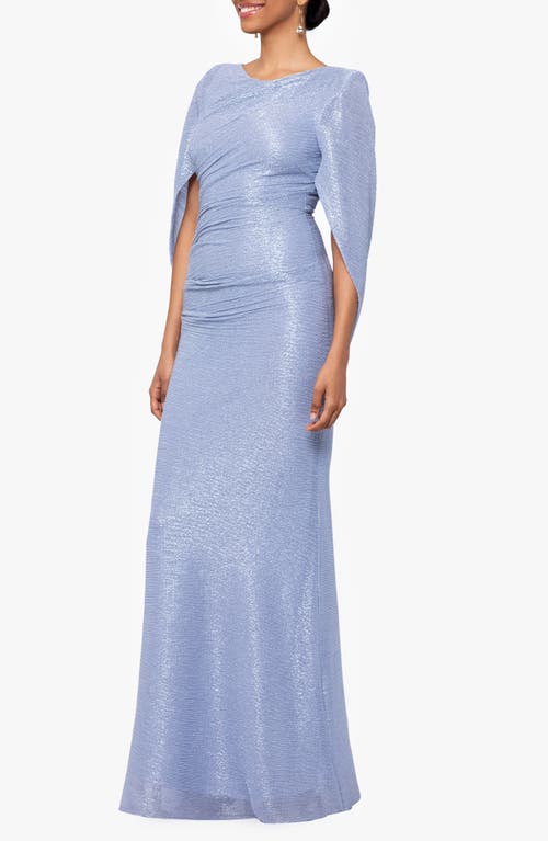 Betsy & Adam Cape Sleeve Metallic Crinkle Gown In Blue/silver