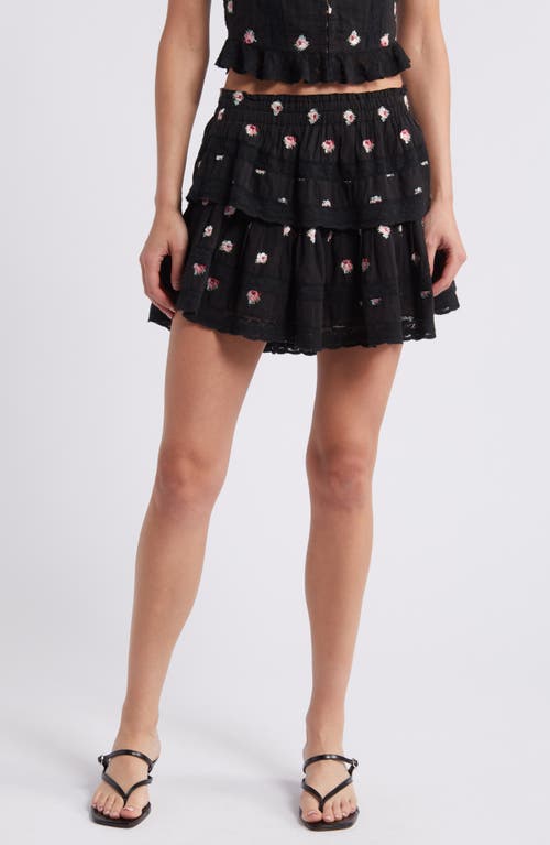 Shop Loveshackfancy Floral Embroidered Tiered Miniskirt In Black Combo