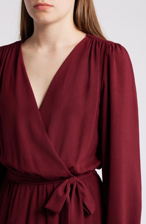Connected Apparel Long Sleeve Faux Wrap Midi Dress In Wine