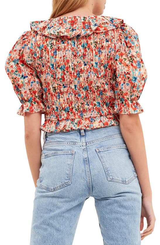 English Factory Floral Smocked Ruffle Cotton Top In Peach Multi