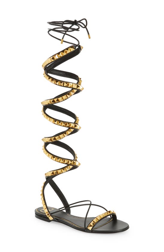 Valentino No Limit Rockstud Ankle-wrap Flat Sandals In Nero