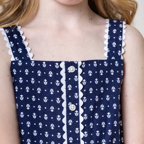 Shop Hope & Henry Girls' Scallop Trim Button Front Linen Romper, Kids In Navy Riviera Print