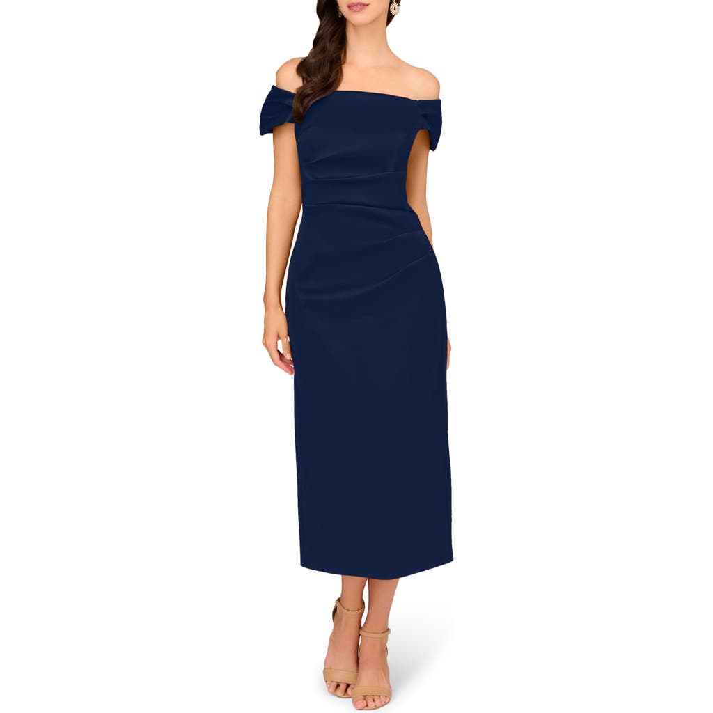 Aidan Mattox By Adrianna Papell Off The Shoulder Mikado Midi Cocktail Dress In Blue