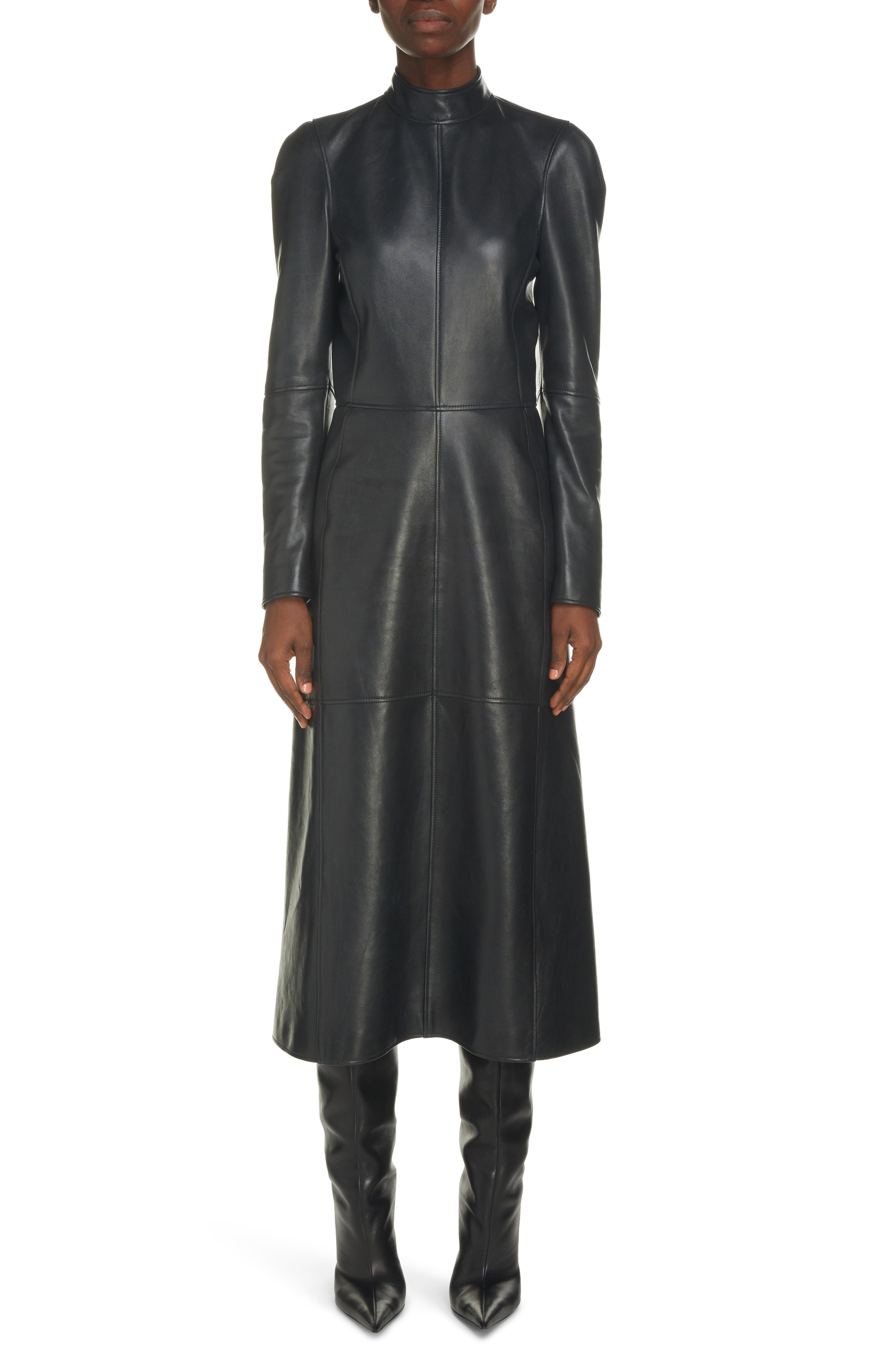 Balenciaga Long Sleeve Lambskin Leather Midi Dress in Black at Nordstrom, Size 10 Us