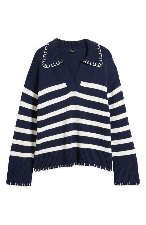 Shop Rails Athena Stripe Cotton Johnny Collar Polo Sweater In Navy Ivory Stripe