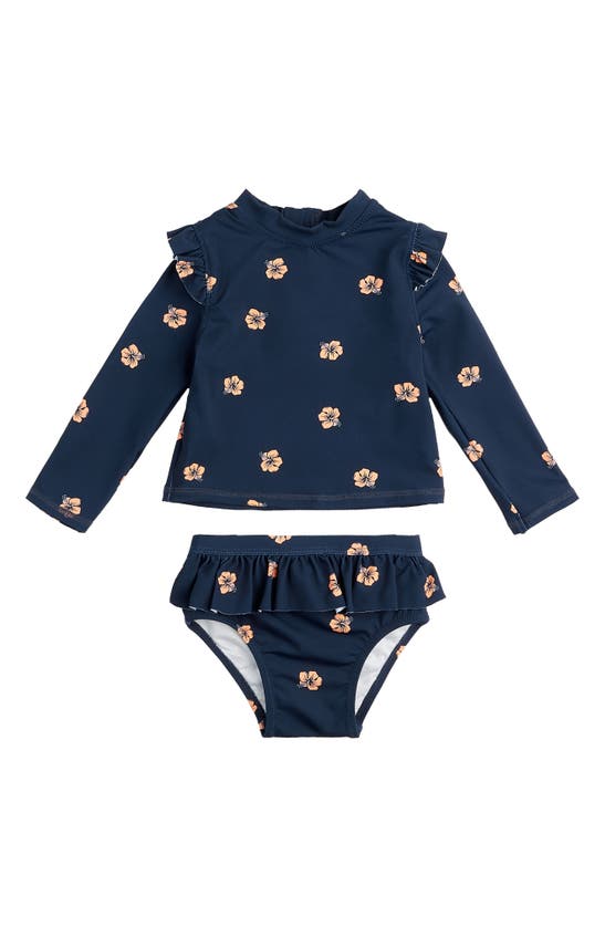 Shop Miles Baby Kids' Print Long Sleeve Two-piece Rashguard Swimsuit In Navy