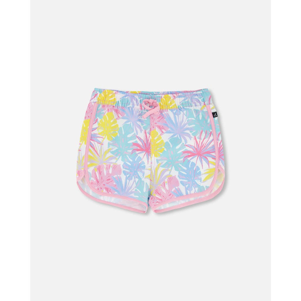 Deux Par Deux Little Girl's Boardshort Palm Leaf Pastel Print