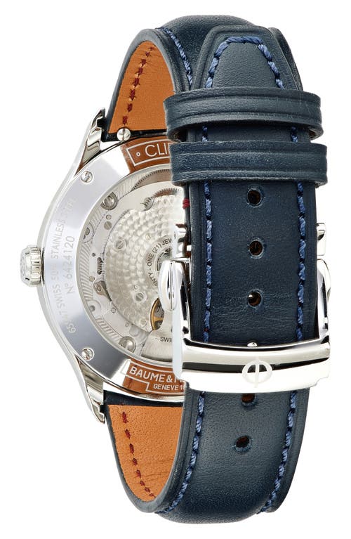 Shop Baume & Mercier Clifton Baumatic Moon Phase Leather Strap Watch, 39mm In Lacquered Blue