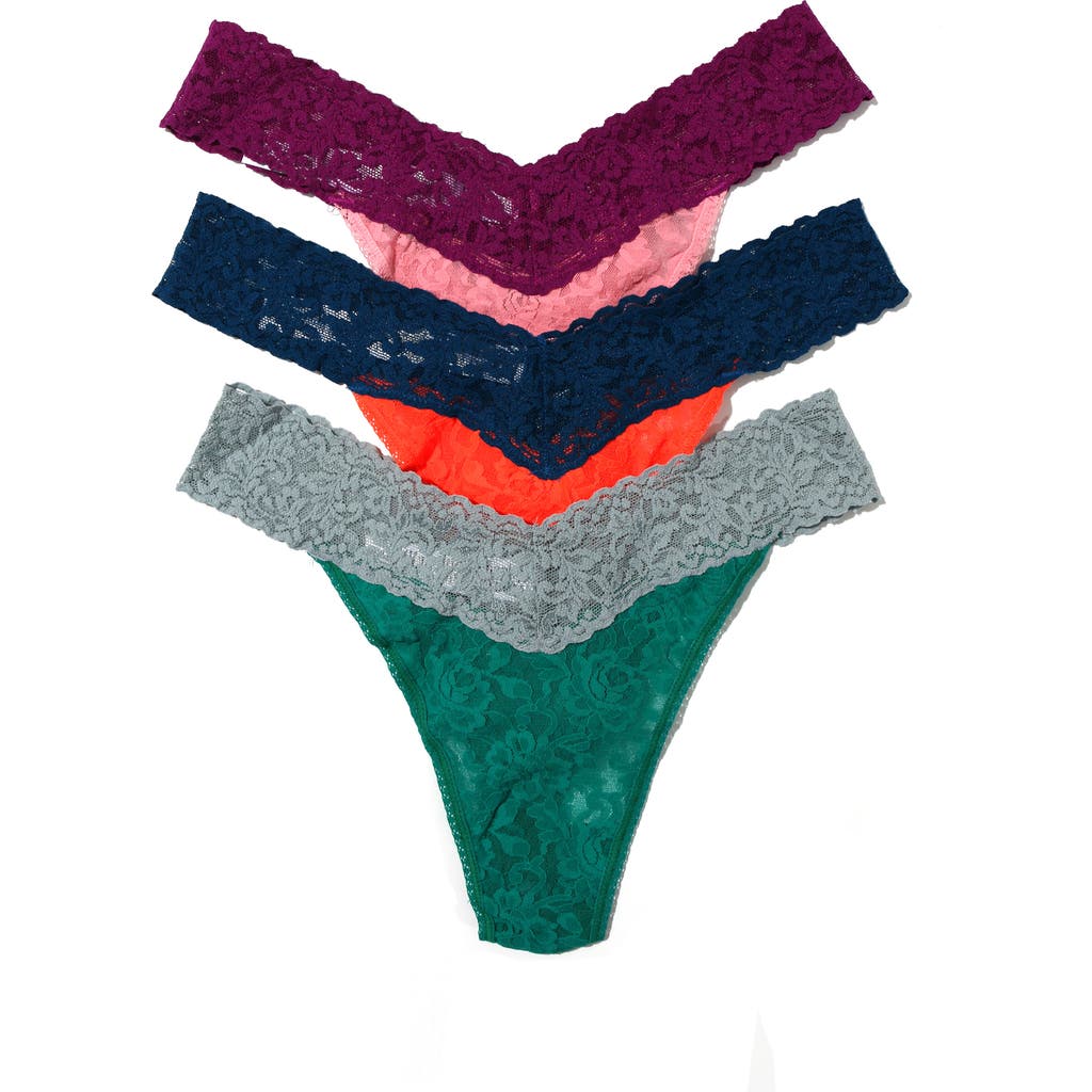 Shop Hanky Panky Original Rise Stretch Lace Thong Panties In Green/orange/coral