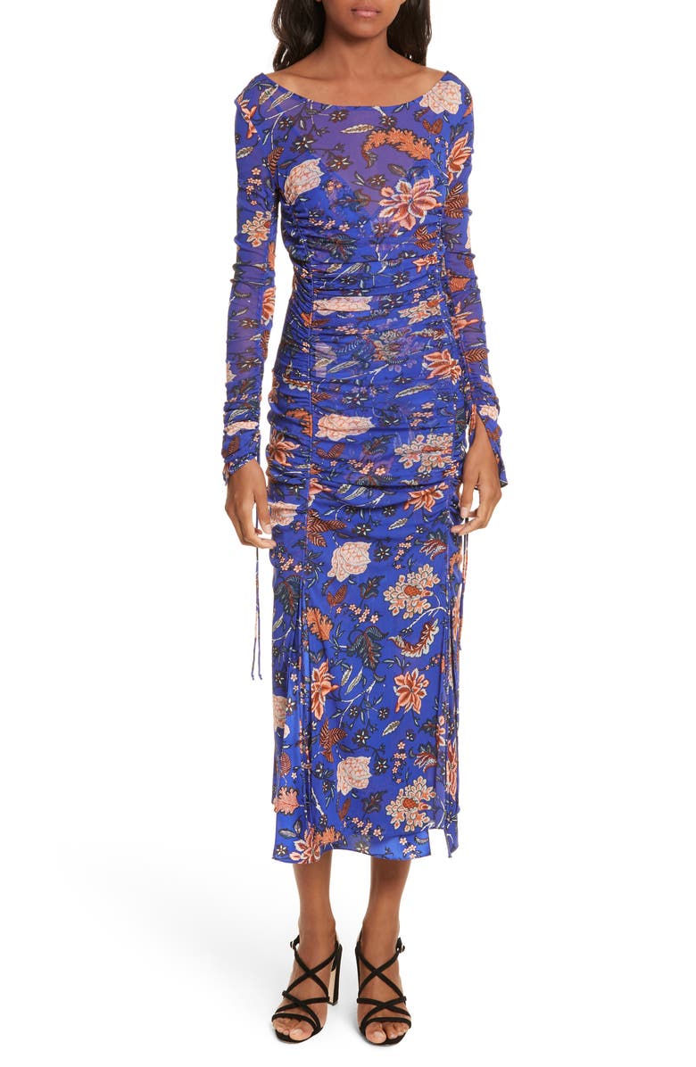 Diane von Furstenberg Mesh Overlay Floral Midi Dress | Nordstrom