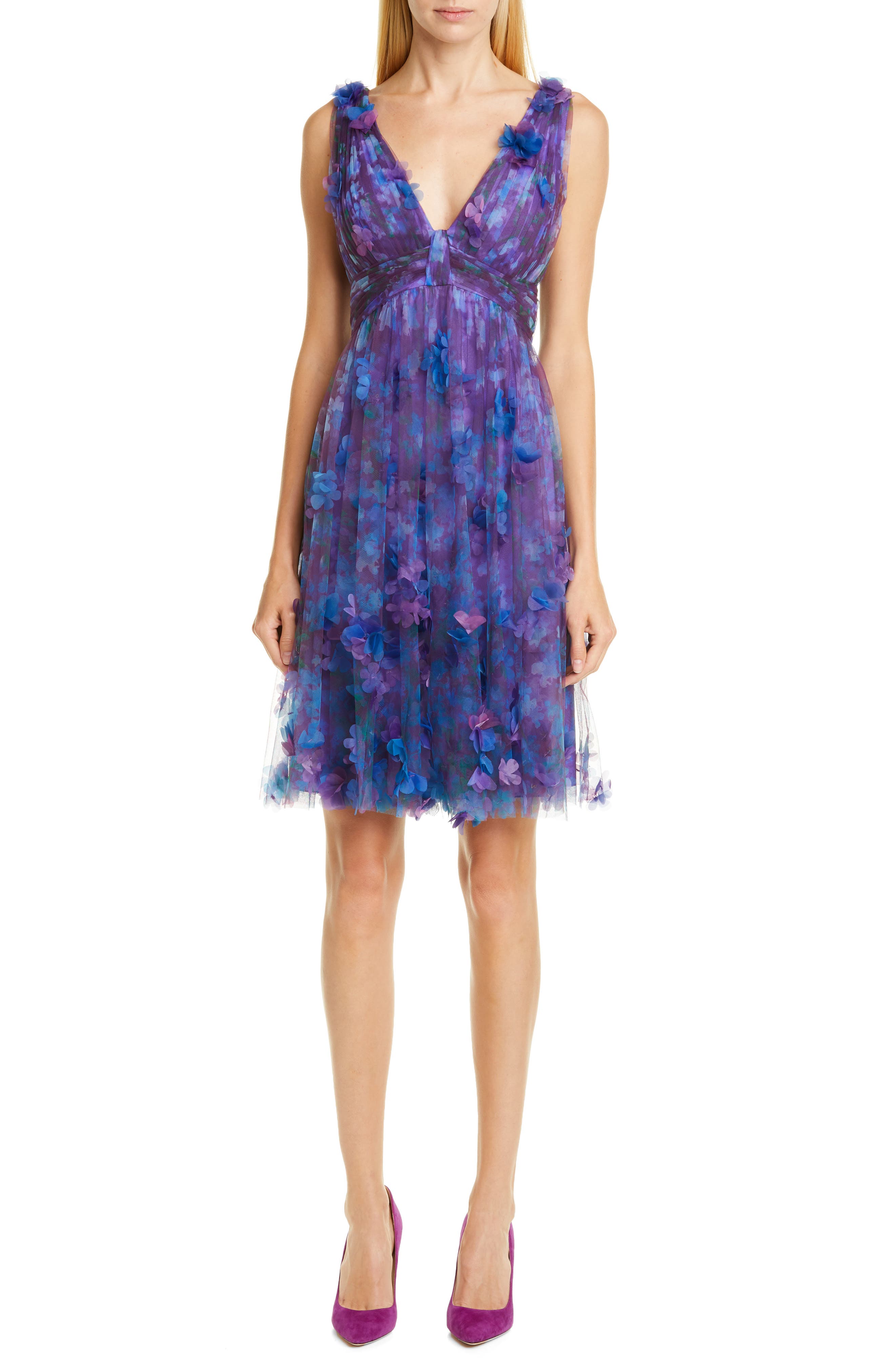 Marchesa Notte Floral Tulle Cocktail Dress, Purple
