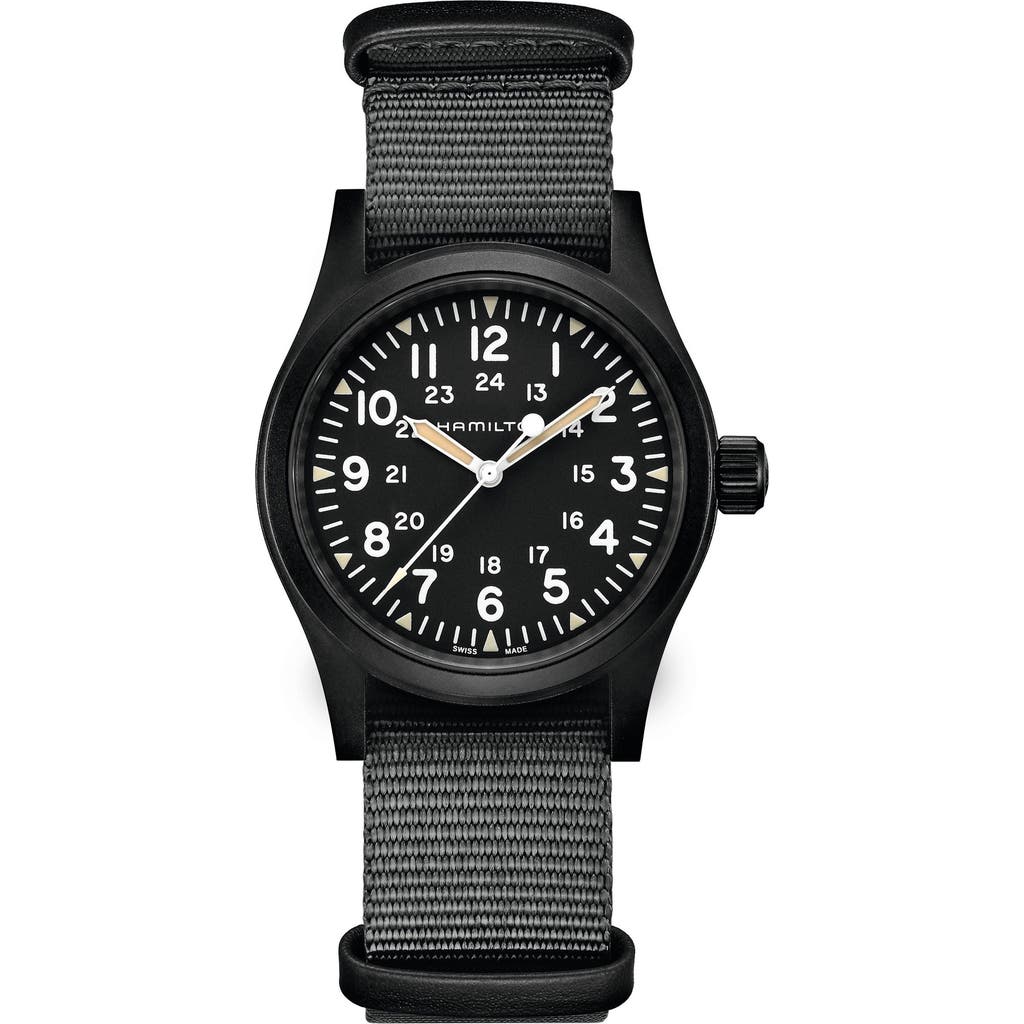 Hamilton Unisex Swiss Mechanical Khaki Field Black Nato Strap Watch 38mm In Grey/silver