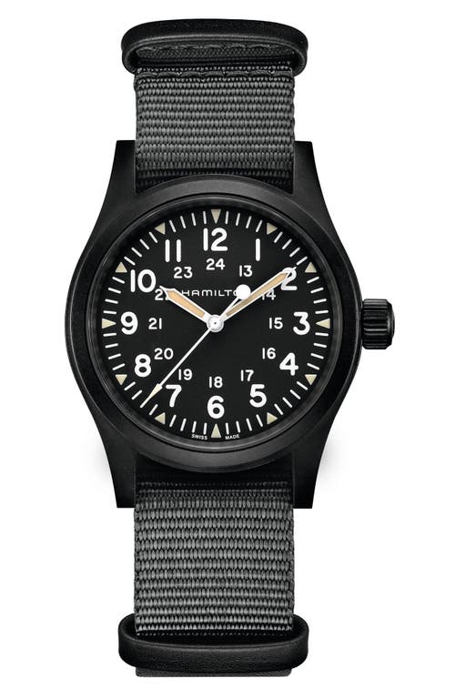 Hamilton Unisex Swiss Mechanical Khaki Field Black Nato Strap Watch 38mm In Grey/silver