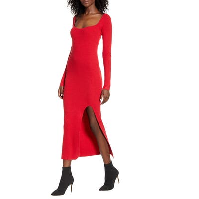 Leith Square Neck Long Sleeve Sweater Dress, Red