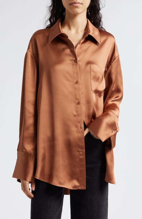 Alice + Olivia Finely Oversize Satin Button-Up Shirt in Camel