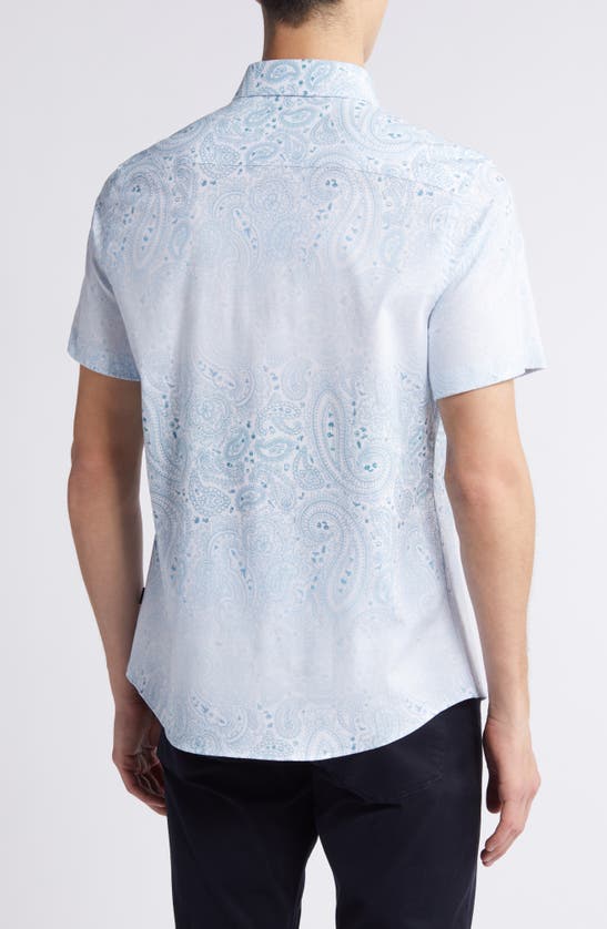 Shop Stone Rose Paisley Short Sleeve Trim Fit Button-up Shirt In Light Blue