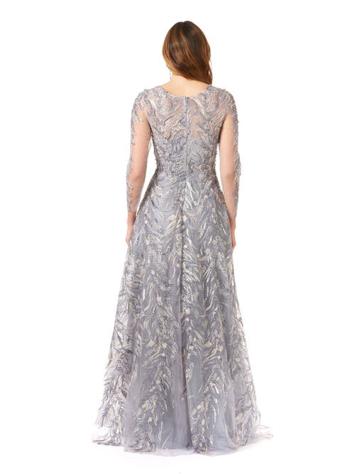 Lara New York High Neck, Long Sleeve Ball Gown In Steelblue