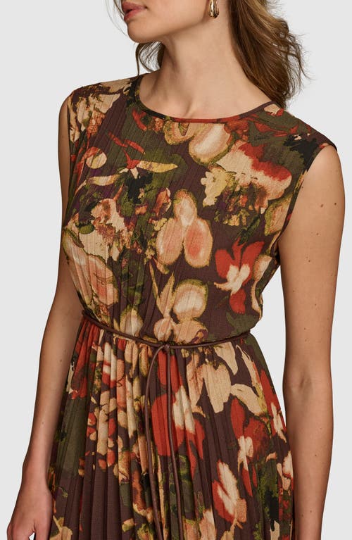 Shop Donna Karan New York Floral Sleeveless Pleated Midi Dress In Bark Multi