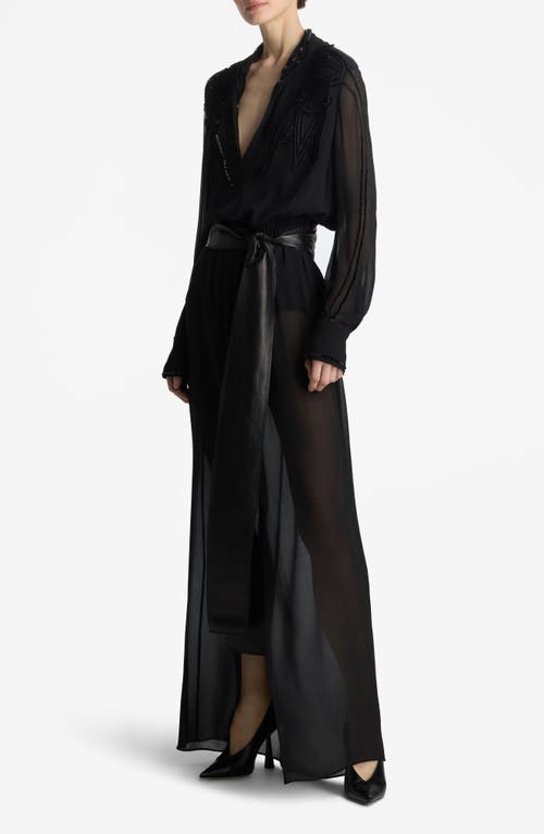 Shop St John St. John Collection Tonal Beaded Long Sleeve Silk Georgette Gown In Black