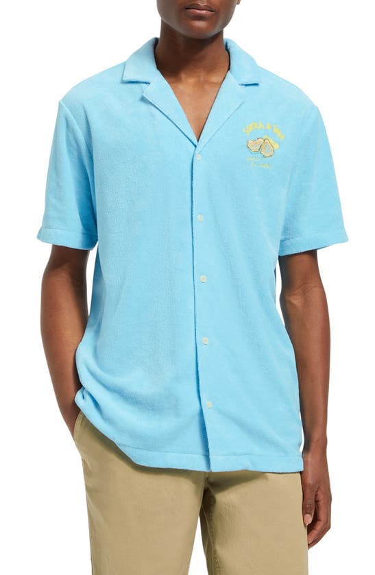 Shop Scotch & Soda Embroidered Terry Cloth Camp Shirt In Washed Neon Blue