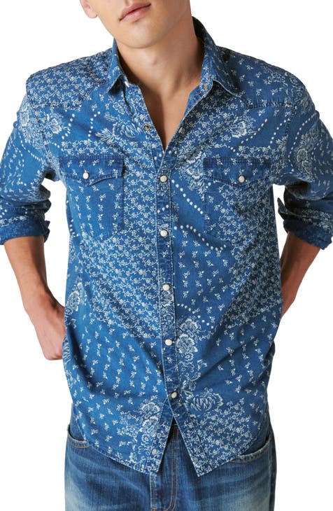 Lucky Brand Classic Fit Men's XXL Blue Cotton Denim Button Up Shirts