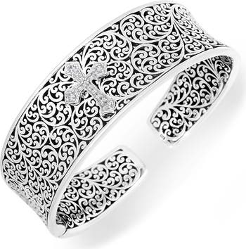 Lois Hill Sterling Silver Diamond Cross Scroll Cuff Bracelet