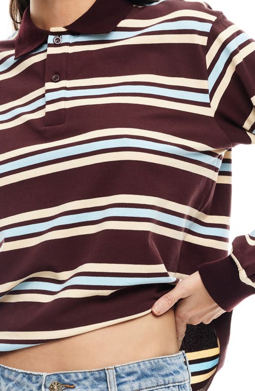 Shop Lioness Leisure Stripe Long Sleeve Cotton Polo Shirt In Chocolate Multi