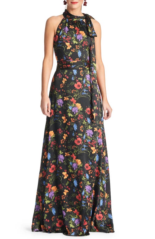 Sachin & Babi Kayla Floral Crinkle Georgette Gown Noir Wildflower at Nordstrom,