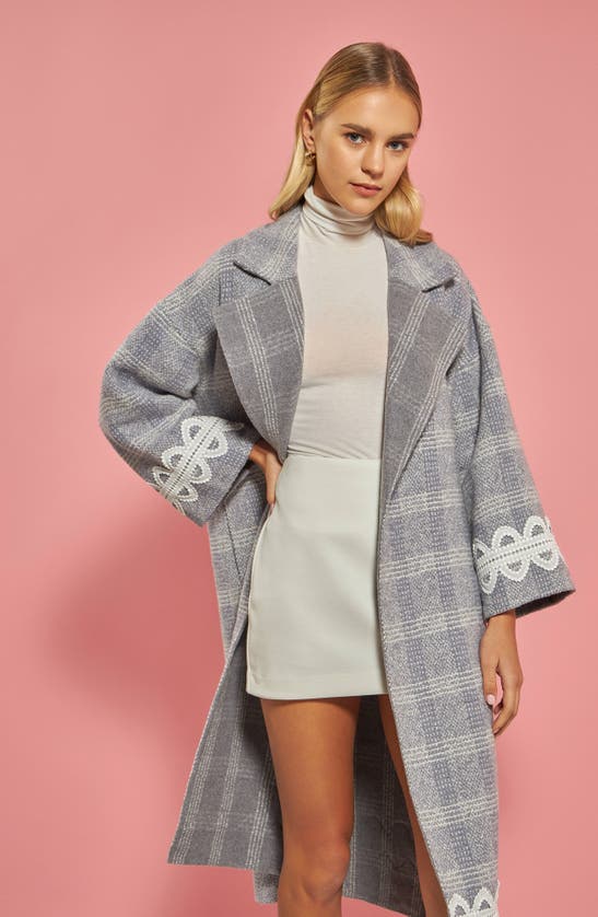 English Factory Premium Plaid Wool Blend Long Wrap Coat In Grey