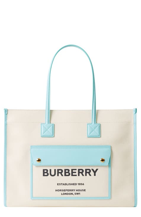 Burberry, Bags, New Burberry Blue Printed Monogram Logo Ecanvas Beach  Tote Shoulder Bag