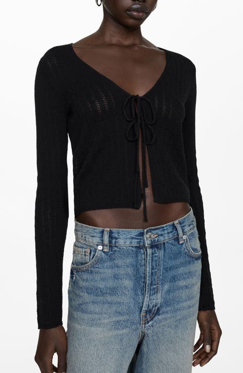 Shop Mango Tie Front Open Stitch Cardigan In Black