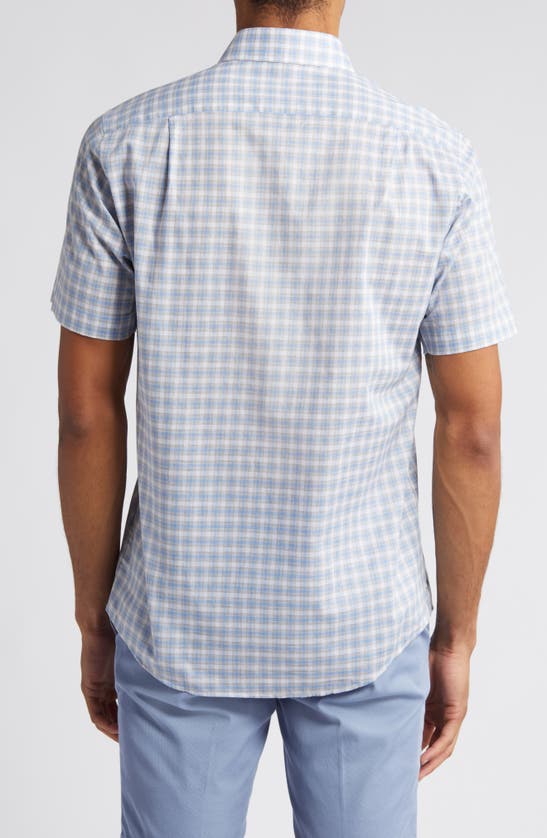 Shop Scott Barber Check Short Sleeve Cotton Chambray Button-up Shirt In Dusk